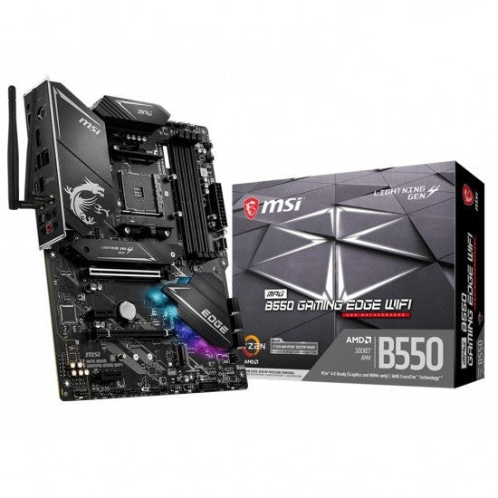 MSI MPG B550 GAMING EDGE WIFI motherboard shown with its retail box. MSI MPG B550 GAMING EDGE WIFI motherboard shown with its retail box.